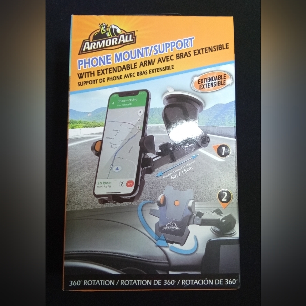 ArmorAll Phone Mount Support Extendable Arm 360° Rotation Swivel Suction Car